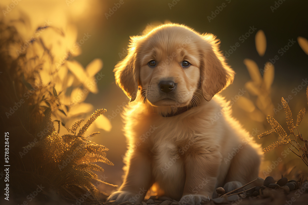 Golden retriever puppy. generative ai. Summer sunset dog portrait. Portrait of a golden retriever dog