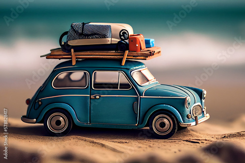 Summer holiday concept. Blue retro car with suitcases on top, at the exotic beach and sea shore © Inga