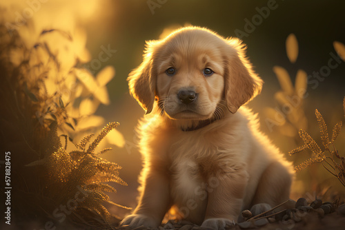 Golden retriever puppy. generative ai. Summer sunset dog portrait. Portrait of a golden retriever dog