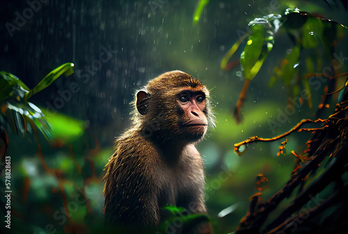 Obraz na płótnie Cute monkey in the jungle during rain created with AI