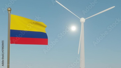 Coal transformed to wind energy clearing up the sky with flag of Colombia