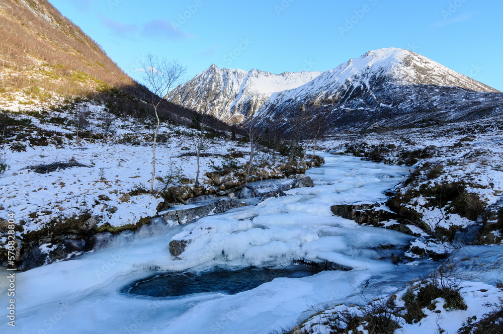 frozen river with snowy mountains