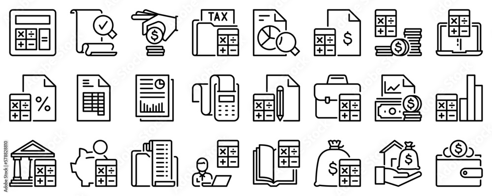 Line icons about accounting. Finances. Line icon on transparent background with editable stroke. - obrazy, fototapety, plakaty 