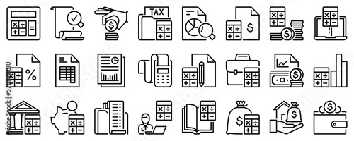 Line icons about accounting. Finances. Line icon on transparent background with editable stroke.