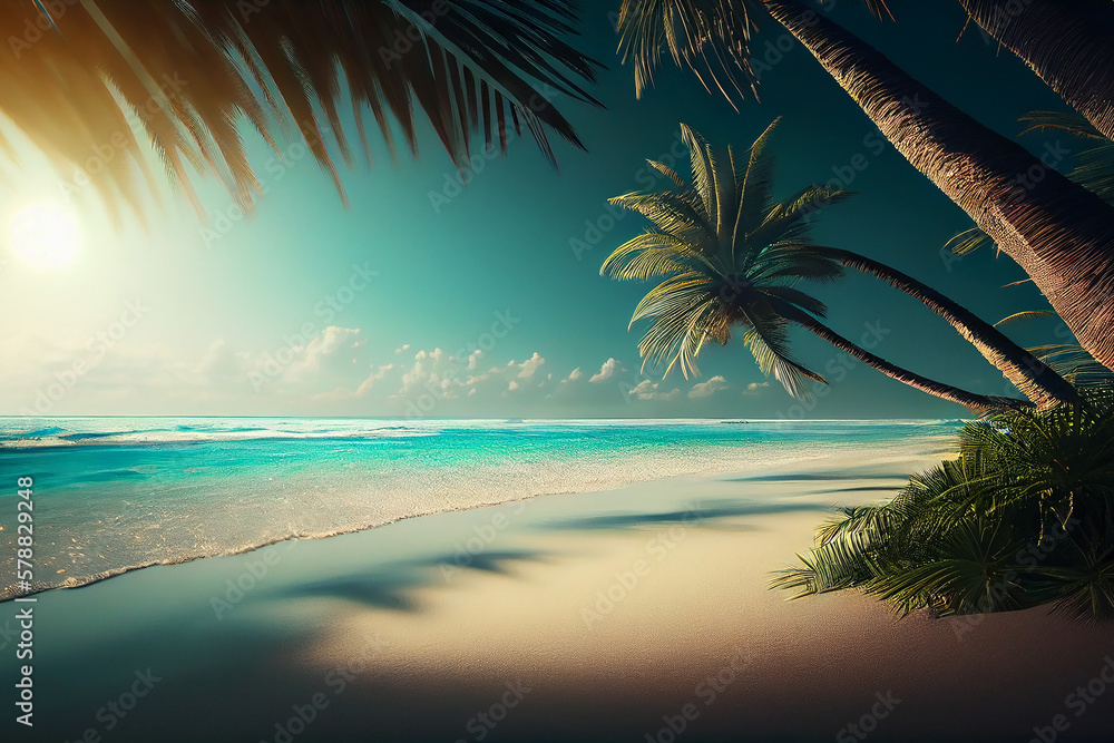 Summer holiday background. Beach with palm trees, blue sea, exotic seascape