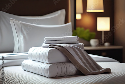 Fresh towels on bed in hotel room created with AI