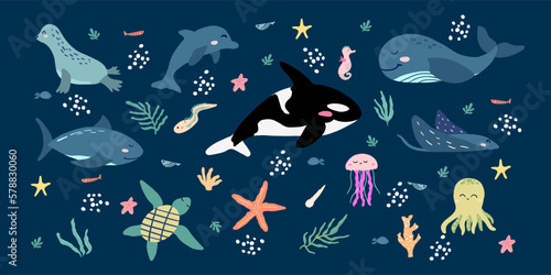 Set of hand drawn sea animals for children. Clipart of cute dolphin, orca, whale, octopus and other ocean creatures in childish style.