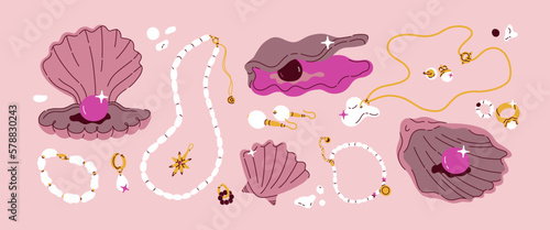 Pearls and jewelers vintage aesthetic bundle. Various golden necklace, bracelet, chain, ring and earrings illustration. Seashell with black gem. Glitter accessories vector concept. All items isolated