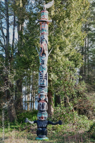 The iconic totem poles in Stanley Park in Vancouver BC, Canada. Vancouver's most visited landmark.