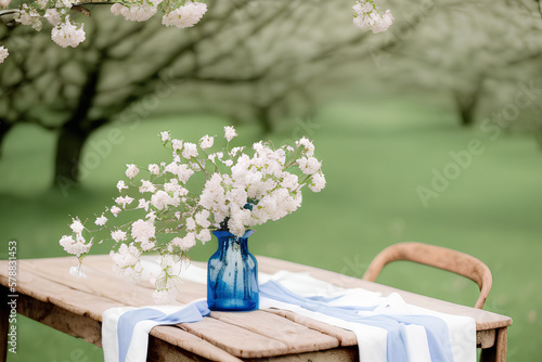 Em uma mesa de madeira rústica, cercada por árvores, há uma jarra de vidro transparente contendo flores brancas em tonalidade azulada. Gerado por Inteligência Artificial. photo