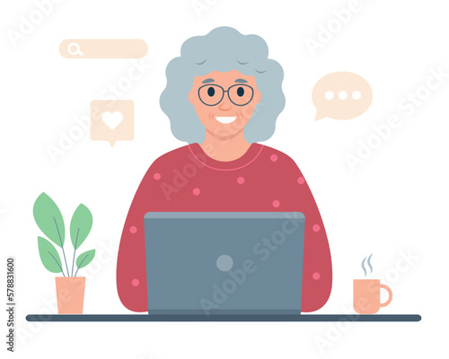 Elderly woman working or studying on laptop. Senior retired people using computer technology for communication, chatting in social media and online education. Vector illustration on white background.