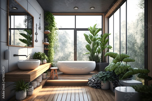 Generative ai illustration white bathroom with plants wooden details interior design