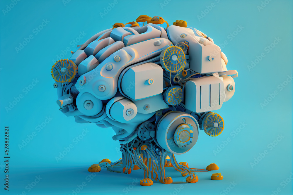 3d rendering robot brain learning on light blue background.