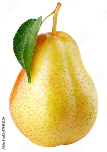 Red yellow pear fruits with green leaf isolated on transparent background. Full depth of field.