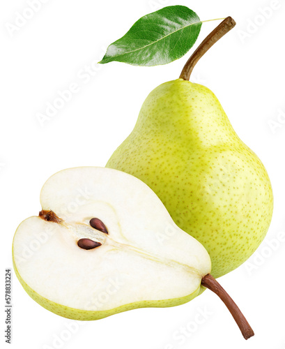 Green yellow pear fruit with pear half and green leaves isolated on transparent background. Full depth of field.