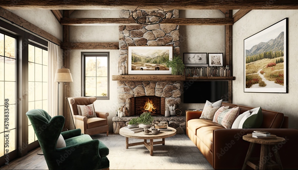 A cozy and rustic farmhouse living room with a large stone fireplace, exposed wooden beams, and a warm color palette of earthy browns and greens. Text space generative ai
