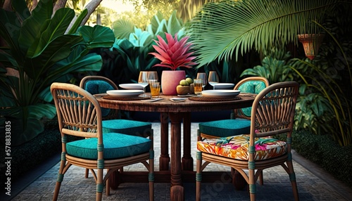 A tropical paradise inspired outdoor dining area with a teak wood table and chairs, lush palm trees, and colorful woven placemats. Text space generative ai