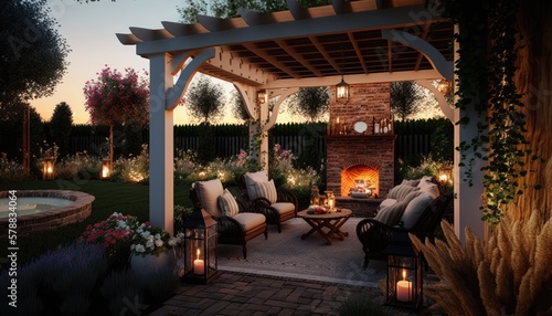 An outdoor living area with a pergola  a fireplace  and a comfortable seating area. The mood is cozy and inviting generative ai