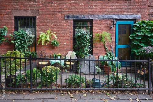 A secret little cafe spot next to a brownstone building in Brooklyn, New York City