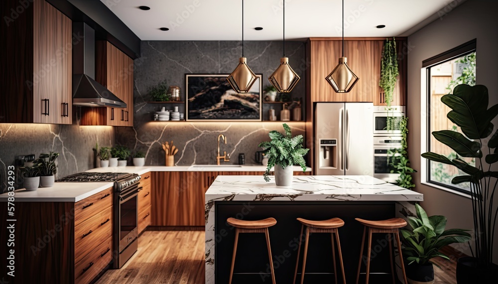 Modern kitchen interior design with a sleek marble countertop, stainless steel appliances, and pendant lights over the island. The space is accented with warm wood tones and plants generative ai - obrazy, fototapety, plakaty 