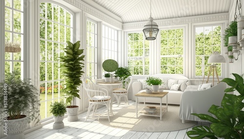 A bright and airy sunroom with white wicker furniture potte generative ai