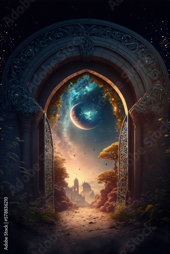 A giant gate to heaven with wonderful sky  fantasy art  made with Generative AI