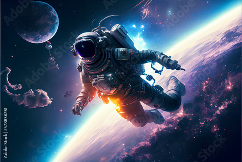 Astronaut in space above the Earth with planets and other space objects generative AI