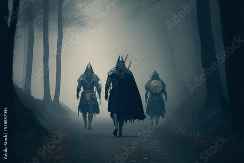 Foto Medieval warriors in the epic foggy forest ,made with Generative AI