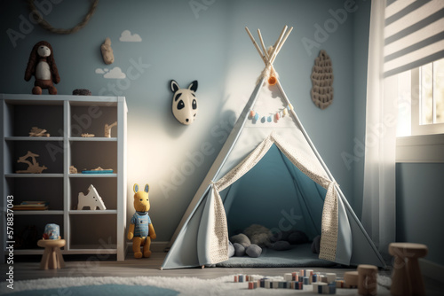 A Minimalistic Kids Room with a Teepee, Serenity in Baby Blue with natural light, Interior Design, AI Generativ