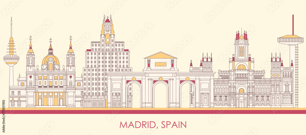 Cartoon Skyline panorama of city of Madrid, Spain - vector illustration