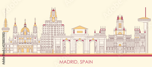 Cartoon Skyline panorama of city of Madrid, Spain - vector illustration