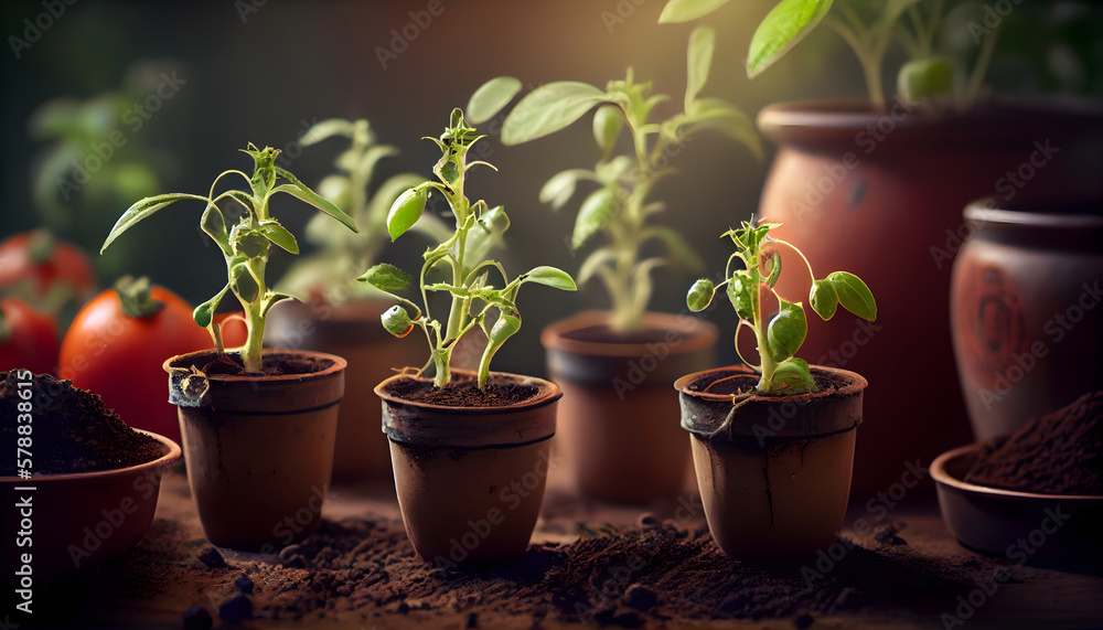 Tomato seedlings in pots Close-up. Background. Generative, AI Tomato seedlings in pots Close-up. Background. Generative, AI