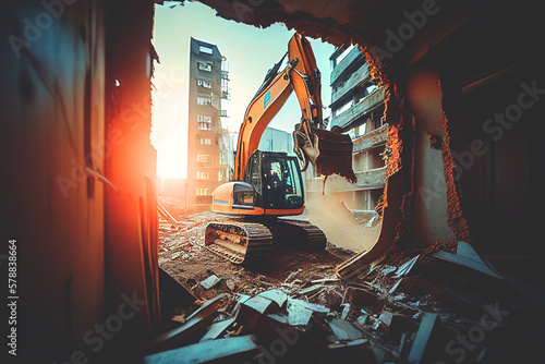 Building demolition work. Excavator on construction site. Futuristic excavator on house Demolition. Digger with bucket. Excavator on building construction. AI Generative Illustration photo