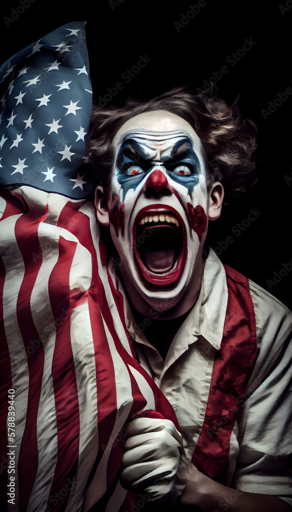 vertical Patriotic black clown screaming on america election day with american flag in hands on dark background american flag concept america independence day elections in america politics is clowning vertical Patriotic black clown screaming on america election day with american flag in hands on dark background american flag concept america independence day elections in america politics is clowning