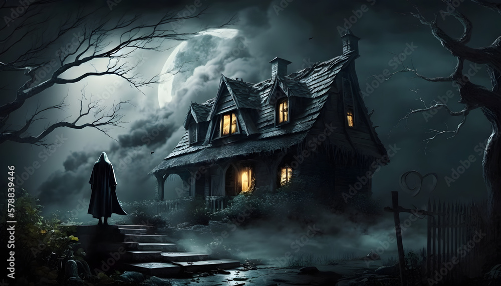 Eerie Generative AI Illustration of a Haunted House with a Dark Caped ...