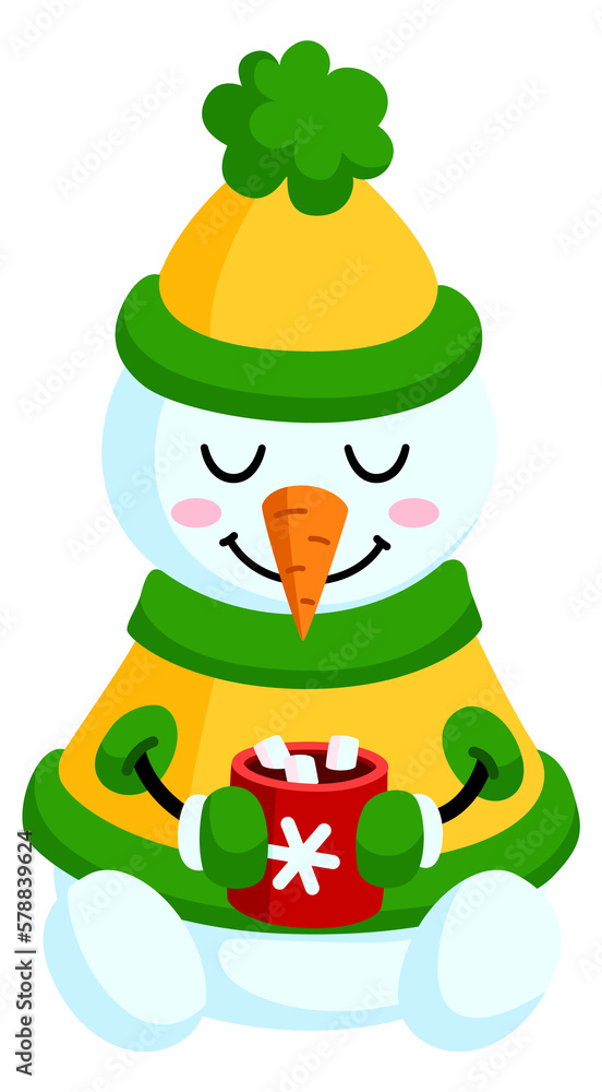 Cozy snowman with hot cocoa cup. Happy winter drink Cozy snowman with hot cocoa cup. Happy winter drink