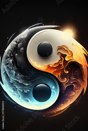 yin and yang characters with blue and orange color accents, black background, background image, calm, sun, warmth, darkness