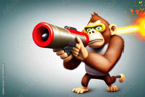 Monkey with bazooka a shots. Bazooka in hands of evil monkey. Evil and comical monkey holds a bazooka in his hands and shoots, Fire from a bazooka in monkey's hand. Machine gun shooting, Generative AI