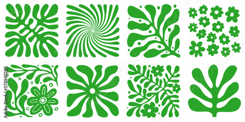 Abstract floral patterns in retro-modern style with botanical illustration in green. Matisse's drawing aesthetics