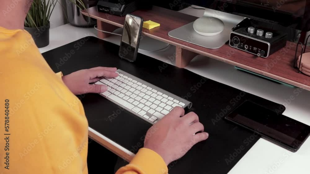 man hands working on desktop computer typing on keyboard and using ...