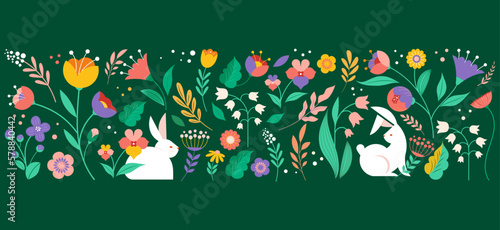 Hello spring, Summer time, Happy Easter, decorated modern style card, banner. Bunnies, flowers and basket. Colorful minimalist design