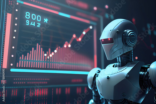 Future financial technology controlled by AI robot using machine learning and artificial intelligence to analyze business data and give advice on investment and trading decision © imlane