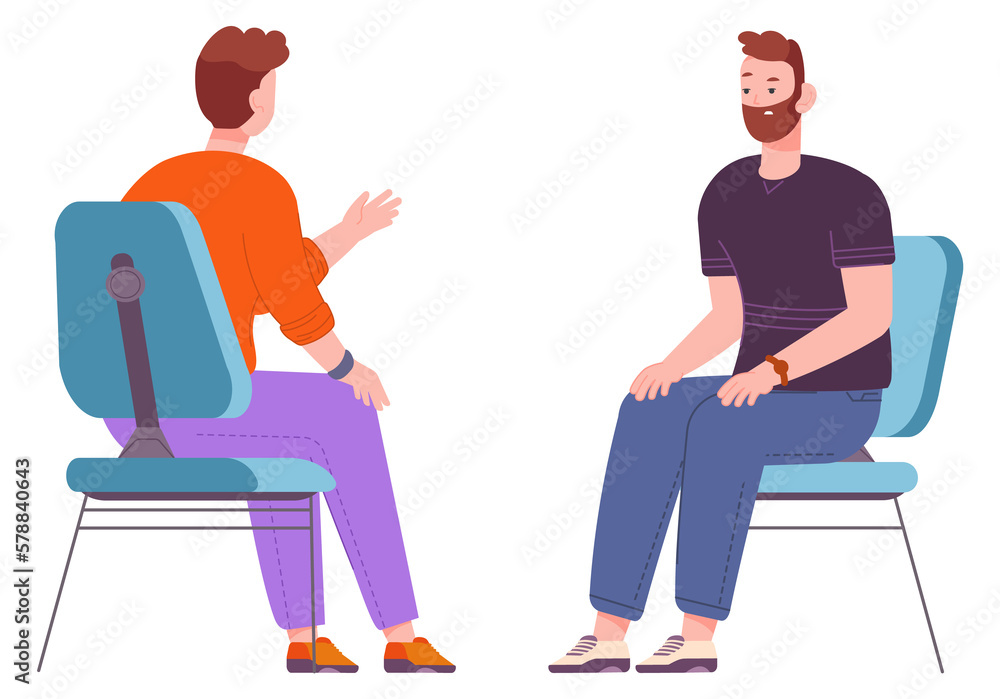 Men sitting on chairs and talking. Therapy icon. Mental health treatment