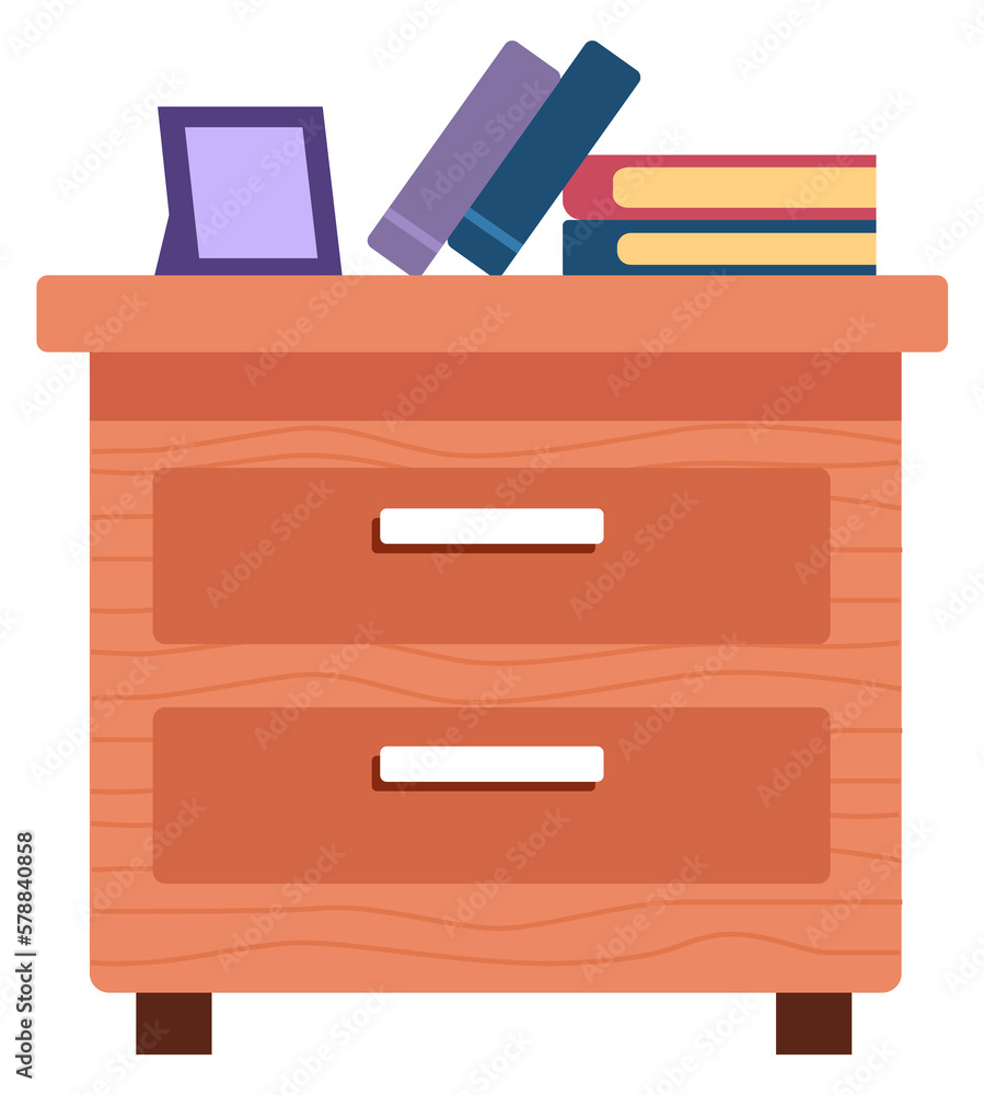 Wooden drawer chest with books. Nightstand furniture Wooden drawer chest with books. Nightstand furniture