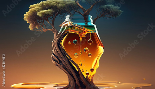 abstract honey tree, glass full of honey