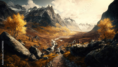a path leads to the valley, beautiful view to the mountains © StockMedia