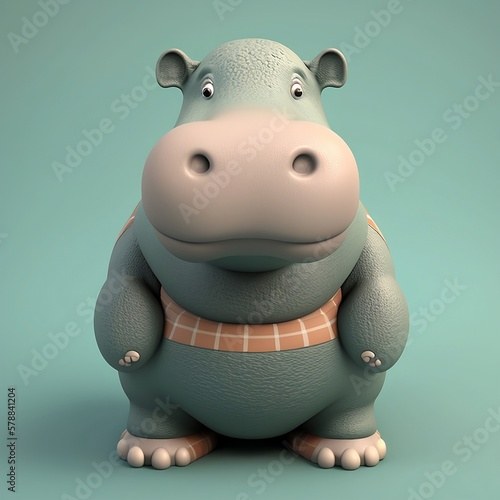 Cute cartoon character hippopotamus. Cartoon hippo. Begimot. Cartoon hippopotamus on a colorful background. Cartoon hippopotamus with cute eyes. Generative AI. photo