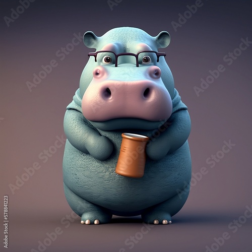 Cute cartoon character hippopotamus. Cartoon hippo. Begimot. Cartoon hippopotamus on a colorful background. Cartoon hippopotamus with cute eyes. Generative AI. photo