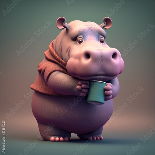 Cute cartoon character hippopotamus. Cartoon hippo. Begimot. Cartoon hippopotamus on a colorful background. Cartoon hippopotamus with cute eyes. Generative AI. photo