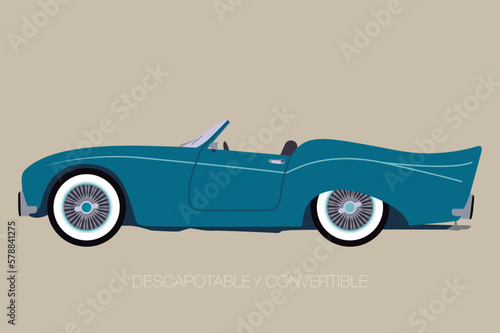 blue cabriolet american car, side view, flat design style